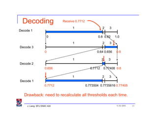 Decoding                   Receive 0.7712

                                   1                      2      3
Decode 1
                        0                            0.8 0.82        1.0
                                   1                      2      3
Decode 3
                    0                                0.64 0.656       0.8

                                   1                      2      3
Decode 2
                    0.656                        0.7712       0.77408 0.8

                                   1                      2      3
Decode 1
                    0.7712                    0.773504 0.7735616 0.77408


   Drawback: need to recalculate all thresholds each time.

    J. Liang: SFU ENSC 424                                            9/20/2005   13
 
