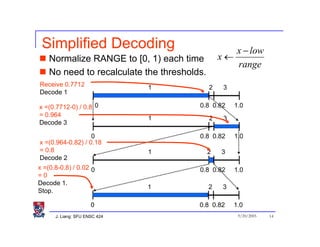Simplified Decoding                                x − low
    Normalize RANGE to [0, 1) each time          x←
                                                    range
    No need to recalculate the thresholds.
Receive 0.7712                 1             2    3
Decode 1

x =(0.7712-0) / 0.8 0                   0.8 0.82      1.0
= 0.964
                               1             2    3
Decode 3

                   0                    0.8 0.82      1.0
x =(0.964-0.82) / 0.18
= 0.8                          1             2   3
Decode 2
x =(0.8-0.8) / 0.02 0                   0.8 0.82      1.0
=0
Decode 1.
                               1             2    3
Stop.

                      0                 0.8 0.82      1.0
      J. Liang: SFU ENSC 424                           9/20/2005   14
 