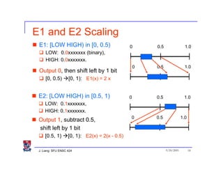 E1 and E2 Scaling
 E1: [LOW HIGH) in [0, 0.5)                      0       0.5                 1.0
     LOW: 0.0xxxxxxx (binary),
     HIGH: 0.0xxxxxxx.
                                                     0   0.5                 1.0
 Output 0, then shift left by 1 bit
     [0, 0.5)       [0, 1): E1(x) = 2 x


 E2: [LOW HIGH) in [0.5, 1)                      0       0.5                1.0
     LOW: 0.1xxxxxxx,
     HIGH: 0.1xxxxxxx.
                                                 0       0.5               1.0
 Output 1, subtract 0.5,
 shift left by 1 bit
     [0.5, 1)       [0, 1): E2(x) = 2(x - 0.5)

 J. Liang: SFU ENSC 424                                        9/20/2005         18
 