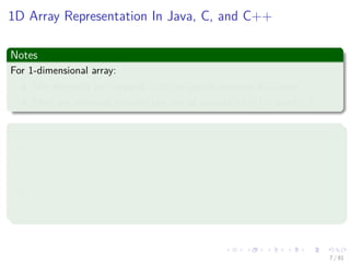 Images/cinvestav-
1D Array Representation In Java, C, and C++
Notes
For 1-dimensional array:
The elements are mapped into contiguous memory locations
They are accessed through the use of location (x [i]) = start + i
How much memory is used for representing an array?
1 Space Overhead
1 Storing the start address: 4 bytes
2 Storing x.length: 4 bytes
2 Space for the elements, for example 4 bytes for n elements
Total: 4 + 4 + 4n = 8 + 4n bytes
7 / 81
 