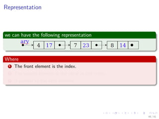 Images/cinvestav-
Representation
we can have the following representation
Where
1 The front element is the index.
2 The second element is the value at cell index.
3 A pointer to the next element
48 / 81
 
