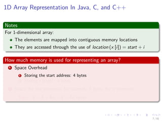 Images/cinvestav-
1D Array Representation In Java, C, and C++
Notes
For 1-dimensional array:
The elements are mapped into contiguous memory locations
They are accessed through the use of location (x [i]) = start + i
How much memory is used for representing an array?
1 Space Overhead
1 Storing the start address: 4 bytes
2 Storing x.length: 4 bytes
2 Space for the elements, for example 4 bytes for n elements
Total: 4 + 4 + 4n = 8 + 4n bytes
7 / 81
 