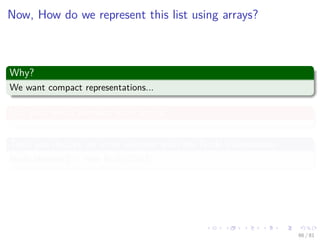 Images/cinvestav-
Now, How do we represent this list using arrays?
Why?
We want compact representations...
Use your friend element from arrays
Thus you declare an array element with the Node information
Node element[] = new Node[1000];
66 / 81
 