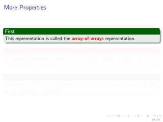 Images/cinvestav-
More Properties
First
This representation is called the array-of-arrays representation.
Second
It requires contiguous memory of size 3 bytes, 4 bytes, 4 bytes, and 4
bytes for the 4 1D-arrays.
Third
One memory block of size number of rows and number of rows blocks
of size number of columns.
14 / 81
 