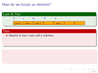 Images/cinvestav-
How do we locate an element?
Look At This
Then
Assume x has r rows and c columns.
Each row has c elements.
i rows to the left of row i.
Thus
We have ic elements to the left of x[i][0].
Then, x[i][j] is mapped to position ic + j of 1D array.
18 / 81
 