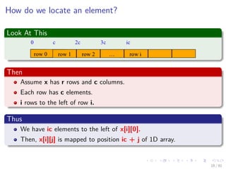 Images/cinvestav-
How do we locate an element?
Look At This
Then
Assume x has r rows and c columns.
Each row has c elements.
i rows to the left of row i.
Thus
We have ic elements to the left of x[i][0].
Then, x[i][j] is mapped to position ic + j of 1D array.
18 / 81
 