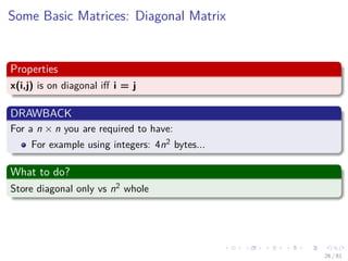 Images/cinvestav-
Some Basic Matrices: Diagonal Matrix
Properties
x(i,j) is on diagonal iﬀ i = j
DRAWBACK
For a n × n you are required to have:
For example using integers: 4n2 bytes...
What to do?
Store diagonal only vs n2 whole
26 / 81
 