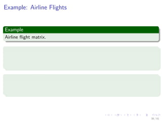 Images/cinvestav-
Example: Airline Flights
Example
Airline ﬂight matrix.
Properties
Airports are numbered 1 through n
ﬂight(i,j) = list of nonstop ﬂights from airport i to airport j
Assume n = 1000 and you use an integer for representation
n × n array of list references =⇒ 4 million bytes when all the
airports are connected
38 / 81
 