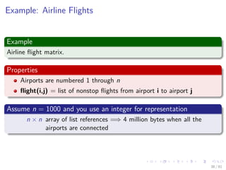 Images/cinvestav-
Example: Airline Flights
Example
Airline ﬂight matrix.
Properties
Airports are numbered 1 through n
ﬂight(i,j) = list of nonstop ﬂights from airport i to airport j
Assume n = 1000 and you use an integer for representation
n × n array of list references =⇒ 4 million bytes when all the
airports are connected
38 / 81
 