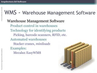 Arquitectura del Software 
Escuela de Ingeniería Informática Universidad de Oviedo 
WMS - Warehouse Management Software 
Warehouse Management Software 
Product control in warehouses 
Technology for identifying products 
Picking, barcode scanners, RFID, etc. 
Automated warehouses 
Stacker cranes, miniloads 
Examples: 
Mecalux EasyWMS 
 