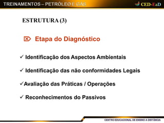 ESTRUTURA (3)
 Etapa do Diagnóstico
 Identificação dos Aspectos Ambientais
 Identificação das não conformidades Legais
Avaliação das Práticas / Operações
 Reconhecimentos do Passivos
 