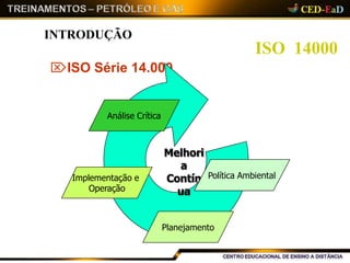 ISO 14000
INTRODUÇÃO
ISO Série 14.000
Implementação e
Operação
Melhori
a
Contín
ua
Política Ambiental
Planejamento
Análise Crítica
 