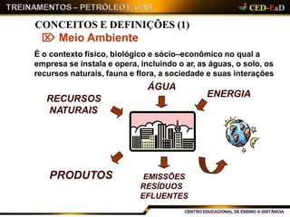 ENERGIA
ÁGUA
RECURSOS
NATURAIS
PRODUTOS EMISSÕES
RESÍDUOS
EFLUENTES
É o contexto físico, biológico e sócio–econômico no qual a
empresa se instala e opera, incluindo o ar, as águas, o solo, os
recursos naturais, fauna e flora, a sociedade e suas interações
CONCEITOS E DEFINIÇÕES (1)
 Meio Ambiente
 