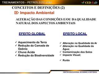 ALTERAÇÃO DAS CONDIÇÕES E/OU DAQUALIDADE
NATURALDOSASPECTOSAMBIENTAIS
EFEITO GLOBAL EFEITO LOCAL
 Aquecimento da Terra
 Redução da Camada de
Ozônio
 Chuva Ácida
 Redução da Biodiversidade
 Alteração na Qualidade do Ar
 Alteração na Qualidade da
Água;
 Contaminação dos Solos
 Impacto Visual;
 Ruído
CONCEITOS E DEFINIÇÕES (2)
 Impacto Ambiental
 