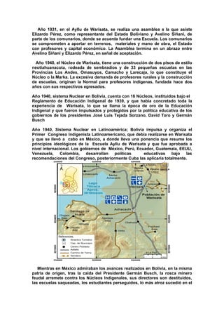 Año 1931, en el Ayllu de Warisata, se realiza una asamblea a la que asiste
Elizardo Pérez, como representante del Estado Boliviano y Avelino Siñani, de
parte de los comunarios, donde se acuerda fundar una Escuela. Los comunarios
se comprometen a aportar en terrenos, materiales y mano de obra, el Estado
con profesores y capital económico. La Asamblea termina en un abrazo entre
Avelino Siñani y Elizardo Pérez, en señal de aceptación.
Año 1940, el Núcleo de Warisata, tiene una construcción de dos pisos de estilo
neotiahuanacota, rodeada de sembradíos y de 33 pequeñas escuelas en las
Provincias Los Andes, Omasuyos, Camacho y Larecaja, lo que constituye el
Núcleo o la Marka. La excesiva demanda de profesores rurales y la construcción
de escuelas, originan la Normal para profesores indígenas, fundada hace dos
años con sus respectivos egresados.
Año 1940, sistema Nuclear en Bolivia, cuenta con 16 Núcleos, instituidos bajo el
Reglamento de Educación Indigenal de 1939, y que había concretado toda la
experiencia de Warisata, lo que se llama la época de oro de la Educación
Indigenal y que fueron impulsados y protegidos por la política educativa de los
gobiernos de los presidentes José Luis Tejada Sorzano, David Toro y Germán
Busch
Año 1940, Sistema Nuclear en Latinoamérica; Bolivia impulsa y organiza el
Primer Congreso Indigenista Latinoamericano, que debía realizarse en Warisata
y que se llevó a cabo en México, a donde lleva una ponencia que resume los
principios ideológicos de la Escuela Ayllu de Warisata y que fue aprobada a
nivel internacional. Los gobiernos de México, Perú, Ecuador, Guatemala, EEUU,
Venezuela, Colombia, desarrollan políticas educativas bajo las
recomendaciones del Congreso, posteriormente Cuba las aplicaría totalmente.
Mientras en México admiraban los avances realizados en Bolivia, en la misma
patria de origen, tras la caída del Presidente Germán Busch, la rosca minero
feudal arremete contra los Núcleos Indigenales, sus directores son destituidos,
las escuelas saqueadas, los estudiantes perseguidos, lo más atroz sucedió en el
 