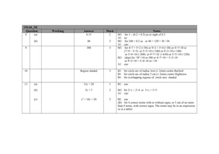 1MA0_1H
 Question   Working     Answer        Mark                                 Notes
 8    (a)                 0.15         2     M1 for 1 – (0.2 + 0.5) oe or sight of 0.3
                                             A1 oe
      (b)                  48          2     M1 for 240 × 0.2 oe or 48 + 120 + 36 +36
                                             A1 cao
 9                        380          3     M1 for 4×7 + 5×2 (=38) or 9×2 + 5×4 (=38) or 4×7×10 or
                                                (7×9 − 5×5) or 5×2×10 (=100) or 9×2×10 (=180)
                                                 or 5×4×10 (=200) or 9×7×10 (=630) or 5×5×10 (=250)
                                             M1 (dep) for ‘38’×10 or 380 or 4×7×10 + 5×2×10
                                                or 9×2×10 + 5×4×10 or ×10
                                             A1 cao

10                    Region shaded    3     B1   for circle arc of radius 3cm (± 2mm) centre Burford
                                             B1   for circle arc of radius 5 cm (± 2mm) centre Hightown
                                             B1   for overlapping regions of circle arcs shaded

11    (a)               12x + 20       1     B1   cao

      (b)                5x + 7        2     M1 for 2×x − 2×4 or 3×x + 3×5
                                             A1 cao

      (c)             x2 + 10x + 24    2     B2 cao
                                             (B1 for 4 correct terms with or without signs, or 3 out of no more
                                             than 4 terms, with correct signs. The terms may be in an expression
                                             or in a table)
 