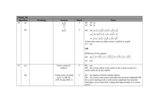 1MA0_1H
 Question   Working         Answer            Mark                                        Notes
26   (a)                     5 2               2     M1 for oe
                                                     A1 for oe
                              2
     (b)                      8 3              2     M1    for 2 × 2 + 2 3 + 2 3 + 3 × 3

                                                                 (                ) (
                                                           or 4 + 4 3 + 3 − 4 − 4 3 + 3           )
                                                            or 2 × 2 − 2 3 − 2 3 + 3 × 3
                                                     at least three terms in either correct; could be in a grid.
                                                     A1 cao

                                                     OR

                                                     Difference of two squares
                                                     M1    for       ( ( 2 + 3) − ( 2 − 3) ) ( ( 2 + 3) + ( 2 − 3) )
                                                     A1    cao

27   (a)                Circle, centre O,      2     B2 cao
                            radius 2                 (B1 for a circle radius 2 any centre or for a circle or part of a
                                                     circle centre (0, 0) any radius)

     (b)              Cosine curve crossing    2     B2 cao (ignore if sketch outside region)
                        at (0, 1), (90, 0),          (B1 for a curve with correct intercepts but incorrect amplitude OR
                      (270, 0) and (360, 1)          for a curve starting at (0,1) with correct amplitude but incorrect
                                                     intercepts; curves must have a shape that approximates to a cosine
                                                     curve)
 