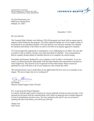 Lockheed Martin THAAD Program Letter of Appreciation 120716