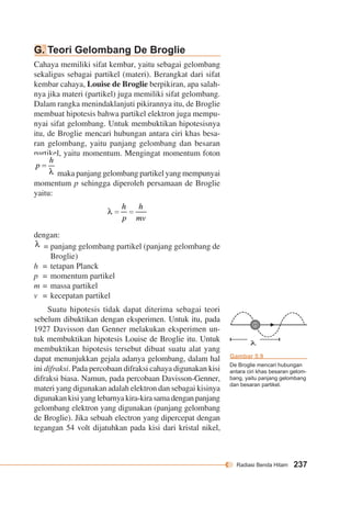 p 
m 
Radiasi Benda Hitam 237 
G. Teori Gelombang De Broglie 
Cahaya memiliki sifat kembar, yaitu sebagai gelombang 
sekaligus sebagai partikel (materi). Berangkat dari sifat 
kembar cahaya, Louise de Broglie berpikiran, apa salah-nya 
jika materi (partikel) juga memiliki sifat gelombang. 
Dalam rangka menindaklanjuti pikirannya itu, de Broglie 
membuat hipotesis bahwa partikel elektron juga mempu-nyai 
sifat gelombang. Untuk membuktikan hipotesisnya 
itu, de Broglie mencari hubungan antara ciri khas besa-ran 
gelombang, yaitu panjang gelombang dan besaran 
partikel, yaitu momentum. Mengingat momentum foton 
maka panjang gelombang partikel yang mempunyai 
momentum p sehingga diperoleh persamaan de Broglie 
yaitu: 
dengan: 
= panjang gelombang partikel (panjang gelombang de 
Broglie) 
h = tetapan Planck 
p = momentum partikel 
m = massa partikel 
v = kecepatan partikel 
Suatu hipotesis tidak dapat diterima sebagai teori 
sebelum dibuktikan dengan eksperimen. Untuk itu, pada 
1927 Davisson dan Genner melakukan eksperimen un-tuk 
membuktikan hipotesis Louise de Broglie itu. Untuk 
membuktikan hipotesis tersebut dibuat suatu alat yang 
dapat menunjukkan gejala adanya gelombang, dalam hal 
ini difraksi. Pada percobaan difraksi cahaya digunakan kisi 
difraksi biasa. Namun, pada percobaan Davisson-Genner, 
materi yang digunakan adalah elektron dan sebagai kisinya 
digunakan kisi yang lebarnya kira-kira sama dengan panjang 
gelombang elektron yang digunakan (panjang gelombang 
de Broglie). Jika sebuah electron yang dipercepat dengan 
tegangan 54 volt dijatuhkan pada kisi dari kristal nikel, 
Gambar 5.9 
De Broglie mencari hubungan 
antara ciri khas besaran gelom-bang, 
yaitu panjang gelombang 
dan besaran partikel. 
 