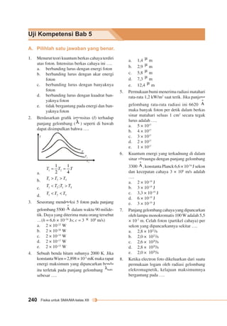 Uji Kompetensi Bab 5 
A. Pilihlah satu jawaban yang benar. 
I 
T1 
T2 
T3 
240 Fisika untuk SMA/MA kelas XII 
a. 1,4 m 
b. 2,9 m 
c. 5,8 m 
d. 7,3 m 
e. 12,4 m 
5. Permukaan bumi menerima radiasi matahari 
rata-rata 1,2 kW/m2 saat terik. Jika panjang 
gelombang rata-rata radiasi ini 6620 
maka banyak foton per detik dalam berkas 
sinar matahari seluas 1 cm2 secara tegak 
lurus adalah …. 
a. 5 × 1017 
b. 4 × 1017 
c. 3 × 1017 
d. 2 × 1017 
e. 1 × 1017 
6. Kuantum energi yang terkadnung di dalam 
sinar ultraungu dengan panjang gelombang 
3300 , konstanta Planck 6,6 × 10-34 J sekon 
dan kecepatan cahaya 3 × 108 m/s adalah 
…. 
a. 2 × 10-19 J 
b. 3 × 10-19 J 
c. 3,3 × 10-19 J 
d. 6 × 10-19 J 
e. 3 × 10-19 J 
7. Panjang gelombang cahaya yang di pancarkan 
oleh lampu monokromatis 100 W adalah 5,5 
× 10-7 m. Celah foton (partikel cahaya) per 
sekon yang dipancarkannya sekitar …. 
a. 2,8 × 1022/s 
b. 2,0 × 1023/s 
c. 2,6 × 1020/s 
d. 2,8 × 1020/s 
e. 2,0 × 1020/s 
8. Ketika electron foto dikeluarkan dari suatu 
permukaan logam oleh radiasi gelombang 
elekromagnetik, kelajuan maksimumnya 
bergantung pada …. 
1. Menurut teori kuantum berkas cahaya terdiri 
atas foton. Intensitas berkas cahaya ini …. 
a. berbanding lurus dengan energi foton 
b. berbanding lurus dengan akar energi 
foton 
c. berbanding lurus dengan banyaknya 
foton 
d. berbanding lurus dengan kuadrat ban-yaknya 
foton 
e. tidak bergantung pada energi dan ban-yaknya 
foton 
2. Berdasarkan grafik intensitas (I) terhadap 
panjang gelombang ( ) seperti di bawah 
dapat disimpulkan bahwa …. 
a. 
b. 
c. 
d. 
3. Seseorang mendeteksi 5 foton pada panjang 
gelombang 5500 dalam waktu 90 milide-tik. 
Daya yang diterima mata orang tersebut 
…(h = 6,6 × 10–34 Js; c = 3 × 108 m/s) 
a. 2 × 10–22 W 
b. 2 × 10–20 W 
c. 2 × 10–19 W 
d. 2 × 10–17 W 
e. 2 × 10–15 W 
4. Sebuah benda hitam suhunya 2000 K. Jika 
konstanta Wien = 2,898 × 10-3 mK maka rapat 
energi maksimum yang dipancarkan benda 
itu terletak pada panjang gelombang 
sebesar …. 
 