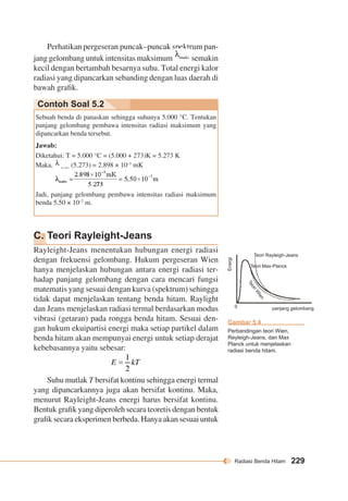 Teori Rayleigh-Jeans 
Teori Max-Planck 
panjang gelombang 
Teori Wien 
0 
Radiasi Benda Hitam 229 
Perhatikan pergeseran puncak–puncak spektrum pan-jang 
gelombang untuk intensitas maksimum semakin 
kecil dengan bertambah besarnya suhu. Total energi kalor 
radiasi yang dipancarkan sebanding dengan luas daerah di 
bawah grafik. 
Contoh Soal 5.2 
Sebuah benda di panaskan sehingga suhunya 5.000 °C. Tentukan 
panjang gelombang pembawa intensitas radiasi maksimum yang 
dipancarkan benda tersebut. 
Jawab: 
Diketahui: T = 5.000 °C = (5.000 + 273)K = 5.273 K 
Maka, maks (5.273) = 2.898 × 10–3 mK 
Jadi, panjang gelombang pembawa intensitas radiasi maksimum 
benda 5,50 × 10–7 m. 
C. Teori Rayleight-Jeans 
Rayleight-Jeans menentukan hubungan energi radiasi 
dengan frekuensi gelombang. Hukum pergeseran Wien 
hanya menjelaskan hubungan antara energi radiasi ter-hadap 
panjang gelombang dengan cara mencari fungsi 
matematis yang sesuai dengan kurva (spektrum) sehingga 
tidak dapat menjelaskan tentang benda hitam. Raylight 
dan Jeans menjelaskan radiasi termal berdasarkan modus 
vibrasi (getaran) pada rongga benda hitam. Sesuai den-gan 
hukum ekuipartisi energi maka setiap partikel dalam 
benda hitam akan mempunyai energi untuk setiap derajat 
kebebasannya yaitu sebesar: 
Suhu mutlak T bersifat kontinu sehingga energi termal 
yang dipancarkannya juga akan bersifat kontinu. Maka, 
menurut Rayleight-Jeans energi harus bersifat kontinu. 
Bentuk grafik yang diperoleh secara teoretis dengan bentuk 
grafik secara eksperimen berbeda. Hanya akan sesuai untuk 
Energi 
Gambar 5.4 
Perbandingan teori Wien, 
Reyleigh-Jeans, dan Max 
Planck untuk menjelaskan 
radiasi benda hitam. 
 