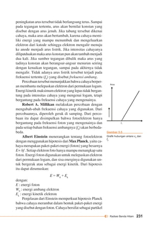 f0 
Arus 
Radiasi Benda Hitam 231 
peningkatan arus tersebut tidak berlangsung terus. Sampai 
pada tegangan tertentu, arus akan bernilai konstan yang 
disebut dengan arus jenuh. Jika tabung tersebut dikenai 
cahaya, maka arus akan bertambah, karena cahaya memi-liki 
energi yang mampu menumbuk dan mengeluarkan 
elektron dari katode sehingga elektron mengalir menuju 
ke anode menjadi arus listrik. Jika intensitas cahayanya 
dilipatduakan maka arus konstan pun akan tambah menjadi 
dua kali. Jika sumber tegangan dibalik maka arus yang 
tadinya konstan akan berangsur-angsur menurun seiring 
dengan kenaikan tegangan, sampai pada akhirnya tidak 
mengalir. Tidak adanya arus listrik tersebut terjadi pada 
frekuensi tertentu (f0) yang disebut frekuensi ambang. 
Percobaan tersebut menunjukkan bahwa cahaya berper-an 
membantu melepaskan elektron dari permukaan logam. 
Energi kinetik maksimum elektron yang lepas tidak bergan-tung 
pada intensitas cahaya yang mengenai logam, tetapi 
bergantung pada frekuensi cahaya yang mengenainya. 
Robert A. Millikan melakukan percobaan dengan 
mengubah-ubah frekuensi cahaya yang digunakan. Dari 
percobaannya, diperoleh gerak di samping. Dari perco-baan 
itu dapat disimpulkan bahwa fotoelektron hanya 
bergantung pada frekuensi foton yang mengenainya dan 
pada setiap bahan frekuensi ambangnya (f0) akan berbeda-beda. 
Albert Einstein menerangkan tentang fotoelektron 
dengan menggunakan hipotesis dari Max Planck, yaitu ca-haya 
merupakan paket-paket energi (foton) yang besarnya 
E= hf . Setiap elektron foto hanya mampu menangkap satu 
foton. Energi foton digunakan untuk melepaskan elektron 
dari permukaan logam, dan sisa energinya digunakan un-tuk 
bergerak atau sebagai energi kinetik. Dari hipotesis 
itu dapat dirumuskan: 
E = W0 + Ek 
dengan: 
E : energi foton 
W0 : energi ambang elektron 
Ek : energi kinetik elektron 
Penjelasan dari Einstein memperkuat hipotesis Planck 
bahwa cahaya merambat dalam bentuk paket-paket energi 
yang disebut dengan foton. Cahaya bersifat sebagai partikel 
V0 
Gambar 5.5 
Grafik hubungan antara v0 dan 
f0. 
 