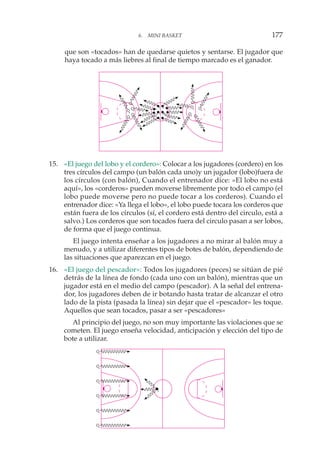15. «El juego del lobo y el cordero»: Colocar a los jugadores (cordero) en los
tres círculos del campo (un balón cada uno)y un jugador (lobo)fuera de
los círculos (con balón), Cuando el entrenador dice: »El lobo no está
aquí», los «corderos» pueden moverse libremente por todo el campo (el
lobo puede moverse pero no puede tocar a los corderos). Cuando el
entrenador dice: «Ya llega el lobo», el lobo puede tocara los corderos que
están fuera de los círculos (sí, el cordero está dentro del circulo, está a
salvo.) Los corderos que son tocados fuera del circulo pasan a ser lobos,
de forma que el juego continua.
El juego intenta enseñar a los jugadores a no mirar al balón muy a
menudo, y a utilizar diferentes tipos de botes de balón, dependiendo de
las situaciones que aparezcan en el juego.
16. «El juego del pescador»: Todos los jugadores (peces) se sitúan de pié
detrás de la línea de fondo (cada uno con un balón), mientras que un
jugador está en el medio del campo (pescador). A la señal del entrena-
dor, los jugadores deben de ir botando hasta tratar de alcanzar el otro
lado de la pista (pasada la línea) sin dejar que el «pescador» les toque.
Aquellos que sean tocados, pasar a ser «pescadores»
Al principio del juego, no son muy importante las violaciones que se
cometen. El juego enseña velocidad, anticipación y elección del tipo de
bote a utilizar.
6. MINI BASKET 177
que son «tocados» han de quedarse quietos y sentarse. El jugador que
haya tocado a más liebres al final de tiempo marcado es el ganador.
 