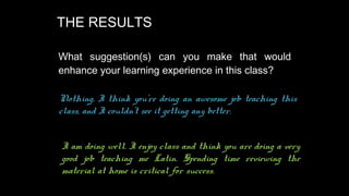 THE RESULTS
What suggestion(s) can you make that would
enhance your learning experience in this class?
Nothing, I think you're doing an awesome job teaching this
class, and I couldn't see it getting any better.
I am doing well. I enjoy class and think you are doing a very
good job teaching me Latin. Spending time reviewing the
material at home is critical for success.

 