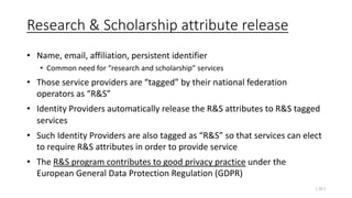 Research & Scholarship attribute release
• Name, email, affiliation, persistent identifier
• Common need for “research and scholarship” services
• Those service providers are “tagged” by their national federation
operators as “R&S”
• Identity Providers automatically release the R&S attributes to R&S tagged
services
• Such Identity Providers are also tagged as “R&S” so that services can elect
to require R&S attributes in order to provide service
• The R&S program contributes to good privacy practice under the
European General Data Protection Regulation (GDPR)
[ 26 ]
 