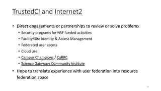 TrustedCI and Internet2
• Direct engagements or partnerships to review or solve problems
• Security programs for NSF funded activities
• Facility/Site Identity & Access Management
• Federated user access
• Cloud use
• Campus Champions / CaRRC
• Science Gateways Community Institute
• Hope to translate experience with user federation into resource
federation space
33
 