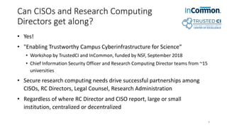 Can CISOs and Research Computing
Directors get along?
• Yes!
• "Enabling Trustworthy Campus Cyberinfrastructure for Science“
• Workshop by TrustedCI and InCommon, funded by NSF, September 2018
• Chief Information Security Officer and Research Computing Director teams from ~15
universities
• Secure research computing needs drive successful partnerships among
CISOs, RC Directors, Legal Counsel, Research Administration
• Regardless of where RC Director and CISO report, large or small
institution, centralized or decentralized
9
 