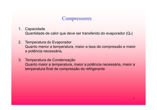 2
Compressores
1. Capacidade
Quantidade de calor que deve ser transferido do evaporador (Qo)
2. Temperatura do Evaporador
Quanto menor a temperatura, maior a taxa de compressão e maior
a potência necessária.
3. Temperatura de Condensação
Quanto maior a temperatura, maior a potência necessária, maior a
temperatura final de compressão do refrigerante
 