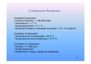 31
Compressores Recíprocos
Condições Evaporador:
- Potência Frigorífica = 108.000 kcal/h
- Temperatura = -1,1 °C
- Superaquecimento = 11,1 °C
- Queda de Pressão no tubulação de sucção = ∆P = 0,14 kgf/cm²
Condições Condensador:
- Temperatura de Condensação = 40,5 °C
- Temperatura de Sub-resfriamento = 2,77 ºC
Condições do Compressor:
- Rotação n = 1850 rpm
- Tensão Disponível:
- Resfriamento: a água, injeção de refrigerante
 