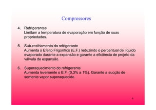 6
Compressores
4. Refrigerantes
Limitam a temperatura de evaporação em função de suas
propriedades.
5. Sub-resfriamento do refrigerante
Aumenta o Efeito Frigorífico (E.F.) reduzindo o percentual de líquido
evaporado durante a expansão e garante a eficiência de projeto da
válvula de expansão.
6. Superaquecimento do refrigerante
Aumenta levemente o E.F. (0,3% a 1%). Garante a sucção de
somente vapor superaquecido.
 