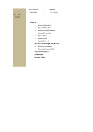 EXTRA
SKILLS
Marital Status : Married
Passport No : CB7129121
Office IT
 Microsoft Office Word
 Microsoft Office Excel
 Microsoft Office Power Point
 Microsoft Front Page
 Microsoft Visio
 Adobe Acrobat
 AutoCAD ( 2D & 3D )
 Windows Operating & Installation
 Microsoft Windows XP
 Microsoft Windows VISTA
 Computer Hardware
 Networking
 Internet Usage
 