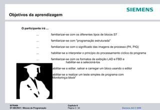 SITRAIN Capítulo 6
ST-MICRO1 / Blocos de Programação Página 2 / 34 Siemens AG © 2009
Objetivos da aprendizagem
O participante irá ...
... familiarizar-se com os diferentes tipos de blocos S7
... familiarizar-se com "programação estruturada"
... familiarizar-se com o significado das imagens de processo (PII, PIQ)
... habilitar-se a interpretar o princípio do processamento cíclico do programa
... familiarizar-se com os formatos de exibição LAD e FBD e
habilitar-se a selecioná-los
... habilitar-se a editar, salvar e carregar um bloco usando o editor
... habilitar-se a realizar um teste simples de programa com
"Monitoringa block"
 
