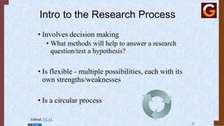 Intro to the Research Process
• Involves decision making
• What methods will help to answer a research
question/test a hypothesis?
• Is flexible - multiple possibilities, each with its
own strengths/weaknesses
• Is a circular process
JoBrad, OCAL
22
 