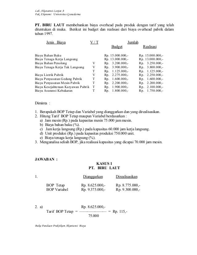 Contoh Soal Biaya Overhead Pabrik