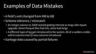Examples of Data Mistakes
• A field’s unit changed from MB to GB
• Schema inference / mismatch
• An integer column in JSON started getting inferred as longs after Spark
upgrade. Some Parquet files had ints, some had longs
• A different type of log got introduced to the system. All of a sudden a table
with 8 columns had 32 new columns introduced
• Garbage data caused by partial failures
 