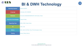 10
www.ubnsoft.com
© 2015 UBN Software Solutions LLC. All Rights Reserved.
Operating System Windows 2003/07
Language Informatica, ODI, ESSBASE
Database SQL Server 2000/2005/2008/R2/2014, MS-Access, Oracle
Front End Technologies Cognos 8 Portal
Reporting Tool SSRS, OBIEE, Report Studio
UI HTML, CSS
Others SSIS, SSAS, MS Office, Putty, PL/Sql Developer & Toad
Testing Manual Testing, Mercury
BI & DWH Technology
 