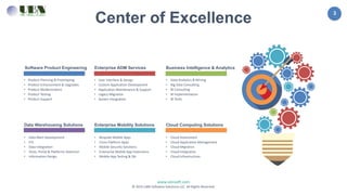 3
www.ubnsoft.com
© 2015 UBN Software Solutions LLC. All Rights Reserved.
Enterprise Mobility Solutions
• Bespoke Mobile Apps
• Cross Platform Apps
• Mobile Security Solutions
• Enterprise Mobile App Extensions
• Mobile App Testing & QA
Cloud Computing Solutions
• Cloud Assessment
• Cloud Application Management
• Cloud Migration
• Cloud Integration
• Cloud Infrastructure
Data Warehousing Solutions
• Data Mart Development
• ETL
• Data Integration
• Tools, Portal & Platforms Selection
• Information Design
Enterprise ADM Services
• User Interface & Design
• Custom Application Development
• Application Maintenance & Support
• Legacy Migration
• System Integration
Business Intelligence & Analytics
• Data Analytics & Mining
• Big Data Consulting
• BI Consulting
• BI Implementation
• BI Tools
• Product Planning & Prototyping
• Product Enhancement & Upgrades
• Product Modernization
• Product Testing
• Product Support
Software Product Engineering
Center of Excellence
 