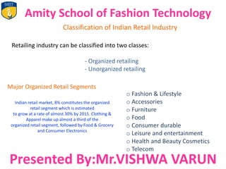 Amity School of Fashion Technology
Classification of Indian Retail Industry
Retailing industry can be classified into two classes:
- Organized retailing
- Unorganized retailing
Major Organized Retail Segments
o Fashion & Lifestyle
o Accessories
o Furniture
o Food
o Consumer durable
o Leisure and entertainment
o Health and Beauty Cosmetics
o Telecom
Indian retail market, 8% constitutes the organized
retail segment which is estimated
to grow at a rate of almost 30% by 2015. Clothing &
Apparel make up almost a third of the
organized retail segment, followed by Food & Grocery
and Consumer Electronics
Presented By:Mr.VISHWA VARUN
 