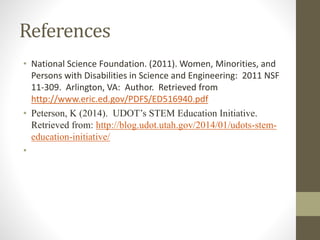 References
• National Science Foundation. (2011). Women, Minorities, and
Persons with Disabilities in Science and Engineering: 2011 NSF
11-309. Arlington, VA: Author. Retrieved from
http://www.eric.ed.gov/PDFS/ED516940.pdf
• Peterson, K (2014). UDOT’s STEM Education Initiative.
Retrieved from: http://blog.udot.utah.gov/2014/01/udots-stem-
education-initiative/
•
 