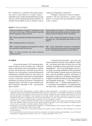 Calidoscópio




     ber8 , estabelece-se o confronto entre géneros próxi-                respectivas designações evidenciam.9
     mos como o artigo didáctico e o artigo científico –                         O Quadro 1 apresenta os textos em análise –
     admitindo-se que a análise permita diferenciá-los, para              usando-se TD que reproduzem o género artigo
     além do carácter (predominantemente) didáctico ou                    didáctico e TC para textos que reproduzem o género
     científico da actividade em que se inserem, e que as                 artigo científico.


     Quadro 1. Textos em análise.
          Textos que constituem o Capítulo 8 – Pragmática, do volu-       Textos incluídos em Fonseca, F. I. 1994. Gramática e Prag-
          me Faria, I.H. et al. (orgs.). 1996. Introdução à Linguística   mática. Estudos de Linguística Geral e de Linguística Apli-
          Geral e Portuguesa. Lisboa: Caminho.                            cada ao Ensino do Português. Porto: Porto Editora.

          TD1 – Deixis e pragmática linguística (Fernanda Irene Fon-      TC1 – Para o estudo das relações de tempo no verbo
          seca).                                                          português, pp. 15-28 (publicado pela primeira vez em
                                                                          198411).
          TD2 – Pragmática (Carlos A. M. Gouveia).

          TD3 – O papel da semântica e da pragmática no estudo            TC2 – Deixis, dependência contextual e transposição
          dos conectores (José Pinto de Lima).                            fictiva: contributos para uma teoria enunciativa da ficção,
                                                                          pp. 87- 103 (publicado pela primeira vez em 199012).
          TD4 – A força ilocutória dos actos directivos
          (Isabel Casanova).



     A análise                                                                    A primeira pessoa do plural – que ocorre com
                                                                          relativa frequência nos quatro textos didácticos analisa-
             Como seria de esperar, o DT é claramente domi-               dos – não assume, pelo menos de forma clara, um valor
     nante em todos os textos em análise, que evidenciam                  exofórico, remetendo em termos gerais para o par autor-
     marcas características desse tipo linguístico: ausência              destinatário(s)12 . Não se trata propriamente, nesses ca-
     de frases não declarativas, ocorrência do presente do                sos, de DI – que emerge (sobretudo em TD3, pontualmen-
     indicativo com valor gnómico, ocorrência frequente de                te em TD4) quando a primeira pessoa do plural reenvia
     modalizações (sobretudo formas do verbo poder), de                   para o autor da actividade expositiva: associando-se à
     re-envios intratextuais e intertextuais e de organizadores           explicitação de objectivos e de hipóteses, frequentemen-
     textuais (sobretudo conectores argumentativos,                       te ligada à ocorrência do futuro do indicativo (“Tentare-
     introdutores de universo de discurso e marcadores de                 mos igualmente mostrar que...”, “O que defenderemos,
     integração linear). Mas todos os textos ostentam tam-                pelo contrário, é que...”, “Tal não nos parece plausível,...”,
     bém construções associadas ao DI – que passamos                      “...vem reforçar a nossa hipótese.”); ou, ainda que de for-
     agora a analisar.                                                    ma menos clara, assinalando o desenrolar da exposição

     8
          O que significa excluir, nomeadamente, os géneros ligados à vertente administrativa – que também se inclui nas actividades
          académicas. Restrição determinada fundamentalmente pelos objectivos mais globais da investigação, admitindo que os géneros
          activados (de forma não espontânea, na maior parte dos casos) por estudantes do ensino superior (pelo menos em início de
          percurso) participam em simultâneo de duas categorias: por um lado, está-lhes associada a expectativa de formulação do saber,
          característica dos géneros académicos (tal como ficaram delimitados); por outro, funcionam como condições de avaliação
          (avaliação do saber e/ou do próprio domínio do género), tal como nos géneros escolares.
     9
          Assumimos que a ‘etiqueta’ geralmente usada para referir um determinado género não assegura necessariamente a sua identi-
          dade: como sublinha F. Rastier, a conversa (conversation) não constitui um género, uma vez que dispomos de múltiplos géneros
          conversacionais, associados a diferentes práticas. (Rastier, 2001, p. 228).
     10
          Comunicação ao XV Congresso Internacional de Linguística e Filologia Românicas (Rio de Janeiro, Julho de 1977), publicado
          em Boletim de Filologia, tomo XXIX, Lisboa, 1984.
     11
          Comunicação ao VI Encontro da Associação Portuguesa de Linguística (Porto, Outubro de 1990); publicado nas Actas do
          referido Encontro.
     12
          Este comportamento da primeira pessoa do plural corresponde, no português europeu contemporâneo, ao que Bronckart
          assinala para a segunda pessoa do plural e para “on”, no francês (Bronckart, 1999, p. 172).



12                                                                                                                    Maria Antónia Coutinho
 