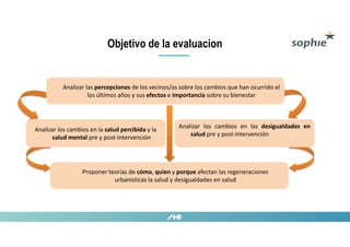 Objetivo de la evaluacion
Analizar los cambios en las desigualdades en
salud pre y post-intervención
Analizar los cambios ...