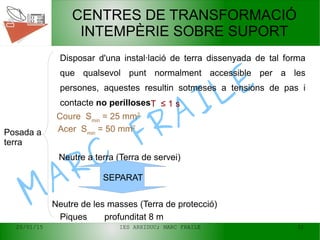 20/01/15 IES ARXIDUC; MARC FRAILE 32
MARC
FRAILE
CENTRES DE TRANSFORMACIÓ
INTEMPÈRIE SOBRE SUPORT
Posada a
terra
Disposar d'una instal·lació de terra dissenyada de tal forma
que qualsevol punt normalment accessible per a les
persones, aquestes resultin sotmeses a tensions de pas i
contacte no perilloses
Coure Smin
= 25 mm2
Acer Smin
= 50 mm2
Neutre a terra (Terra de servei)
Neutre de les masses (Terra de protecció)
SEPARAT
Piques profunditat 8 m
T ≤ 1 s
 