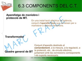 20/01/15 IES ARXIDUC; MARC FRAILE 9
MARC
FRAILE
6.3 COMPONENTS DEL C.T.
Transformador
Quadre general de BT
Aparellatge de maniobra i
protecció de MT.
En una instal·lació elèctrica de potència,
conjunt d'aparells fixos que serveixen per a
maniobrar o detectar fenòmens.
Conjunt d'aparells destinats al
comandament, a la mesura, a la regulació, a
la protecció, etc., de circuits elèctrics,
juntament amb les connexions corresponents
i els suports necessaris.
 