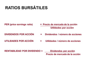 RATIOS BURSÁTILES
PER (price earnings ratio) = Precio de mercado de la acción
Utilidades por acción
DIVIDENDOS POR ACCIÓN = Dividendos / número de acciones
UTILIDADES POR ACCIÓN = Utilidades / número de acciones
RENTABILIDAD POR DIVIDENDO = Dividendos por acción
Precio de mercado de la acción
 