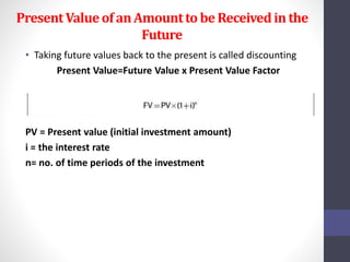 Present Value of an Amount to be Received in the 
Future 
• Taking future values back to the present is called discounting 
Present Value=Future Value x Present Value Factor 
PV = Present value (initial investment amount) 
i = the interest rate 
n= no. of time periods of the investment 
 