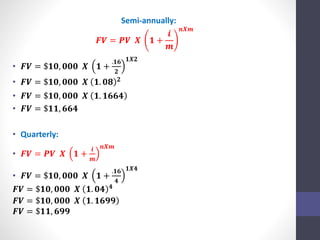 Semi-annually: 
푭푽 = 푷푽 푿 ퟏ + 
풊 
풎 
풏푿풎 
• 푭푽 = $ퟏퟎ, ퟎퟎퟎ 푿 ퟏ + 
.ퟏퟔ 
ퟐ 
ퟏ푿ퟐ 
• 푭푽 = $ퟏퟎ, ퟎퟎퟎ 푿 ퟏ. ퟎퟖ ퟐ 
• 푭푽 = $ퟏퟎ, ퟎퟎퟎ 푿 ퟏ. ퟏퟔퟔퟒ 
• 푭푽 = $ퟏퟏ, ퟔퟔퟒ 
• Quarterly: 
• 푭푽 = 푷푽 푿 ퟏ + 
풊 
풎 
풏푿풎 
• 푭푽 = $ퟏퟎ, ퟎퟎퟎ 푿 ퟏ + 
.ퟏퟔ 
ퟒ 
ퟏ푿ퟒ 
푭푽 = $ퟏퟎ, ퟎퟎퟎ 푿 ퟏ. ퟎퟒ ퟒ 
푭푽 = $ퟏퟎ, ퟎퟎퟎ 푿 ퟏ. ퟏퟔퟗퟗ 
푭푽 = $ퟏퟏ, ퟔퟗퟗ 
 